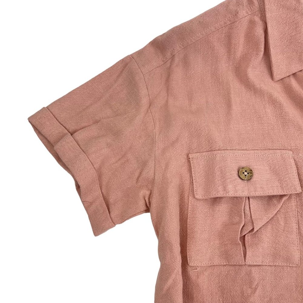 LoveRiche Blush Cotton Button Front Short Cuff Sleeve Safari Style Shirt Size M - Picture 4 of 13